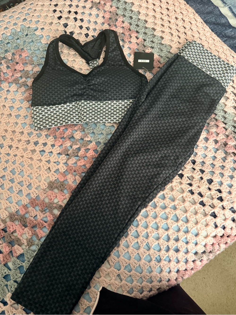 Women's Black Textured Sports Bra and Legging Set